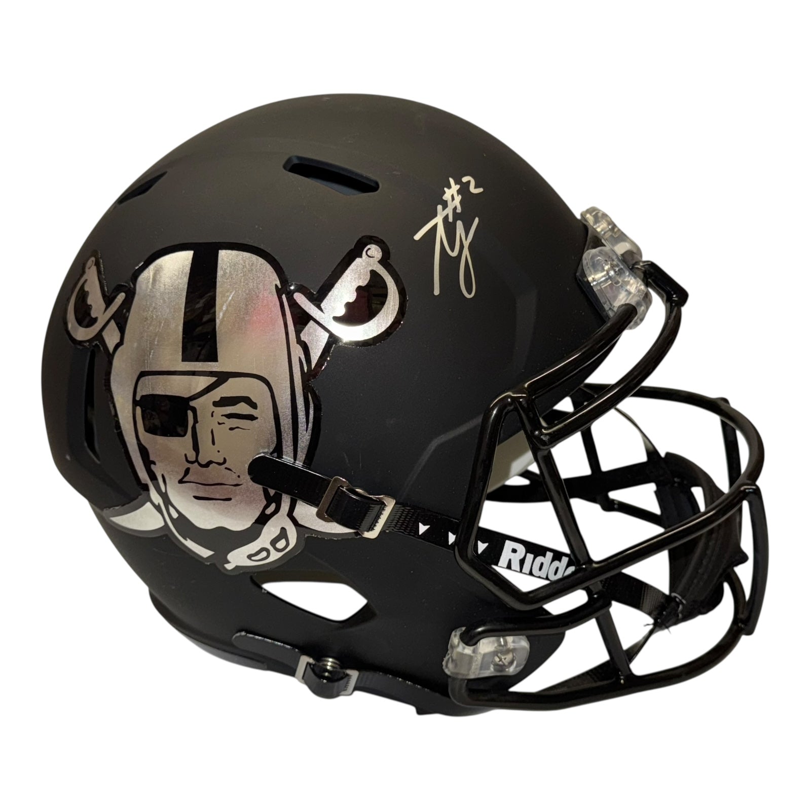 black raiders football helmet Ashton Jeanty Signed Raiders Custom Black Chrome Matte Riddell Replica – The Autograph Stop